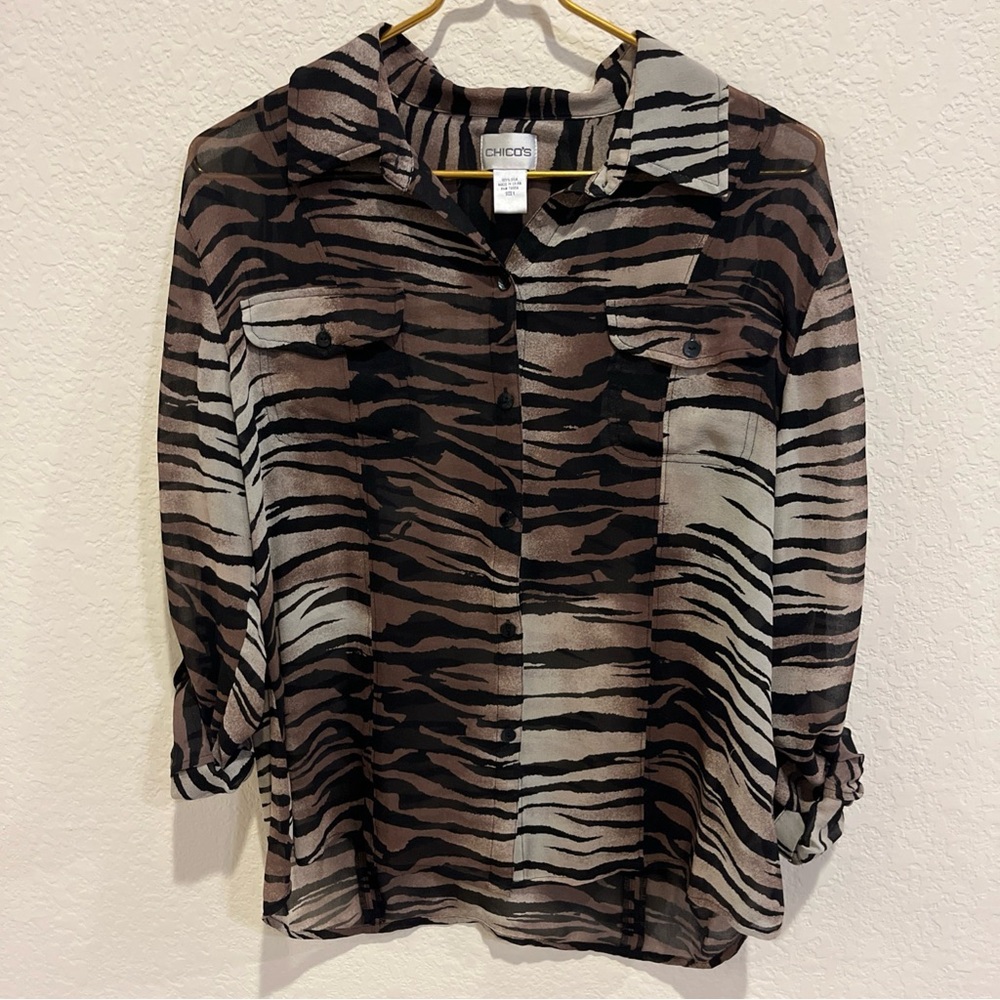 Chico's 100% Silk Button Up Brown Animal Print Sheer Blouse Size 1 front pockets